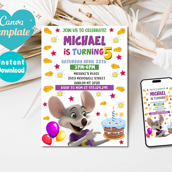 Bearbeitbare Chuck E Cheese Geburtstagseinladung Vorlage | Chuck Evite, druckbare Chuck Cheese Party einladen, bearbeitbar in Canva, Instant Download