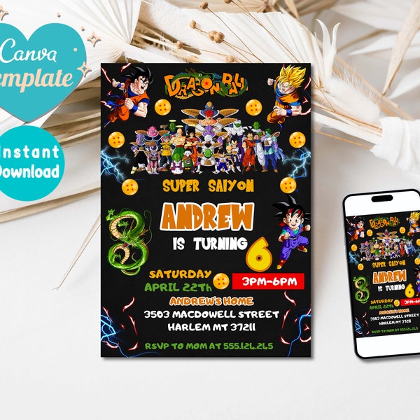 Editable Dragon Ball Birthday Invitation Template | Digital Kids Party Template, Boys Invite, Printable Editable in Canva | Instant Download