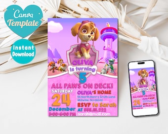 Paw-ty Patrol Invitation | Kids Birthday Invitation Template Editable-Printable, Paw Birthday Invitation Girl | Invite Instant Download