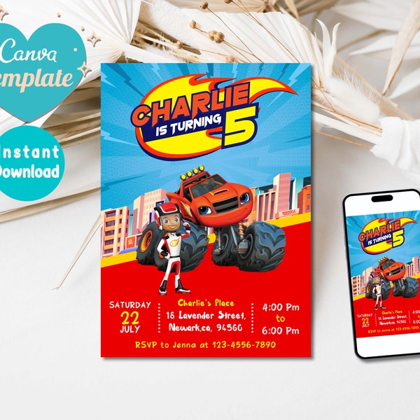 Blaze and the Monster Machines Einladungskarte | Blaze Geburtstagseinladung | Blaze einladen evites | Bearbeitbar Druckbar | Sofort Download