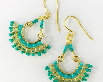 Green & Gold Beaded Fan-Shaped Earrings
