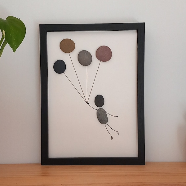 Boy flying with balloons, children's birthday gift, customizable children's gift, art mural with colored pebbles, children's art