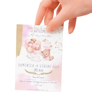 Biglietto invito rosa orsetto per bambina battesimo compleanno comunione
