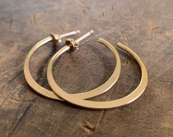 Thick Gauge Every Day Hoops in Yellow or Rose Goldfill with Post - Choice of 7 sizes. Handmade. Hammered. 14kt Goldfill Light Weight Hoops