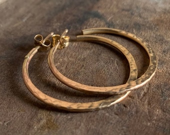 Thick Gauge Mangly Hoops in Yellow or Rose Goldfill with Post - Choice of 7 sizes. Handmade. Hammered. 14kt Goldfill Light Weight Hoops