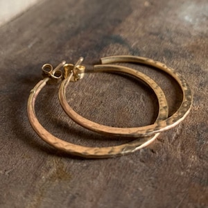 Thick Gauge Mangly Hoops in Yellow or Rose Goldfill with Post - Choice of 7 sizes. Handmade. Hammered. 14kt Goldfill Light Weight Hoops