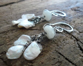 Linger Earrings - Handmade. Moonstone. Keishi Pearls. Oxidized Sterling Silver