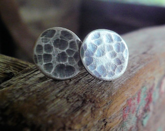 Tidepool Ripple Stud Earrings- Oxidized Sterling and Fine Silver Post Earrings. Hammered. Handmade.