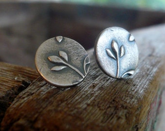 Botanical Stud Earrings- Bud - Oxidized Sterling and Fine Silver Post Earrings. Handmade.