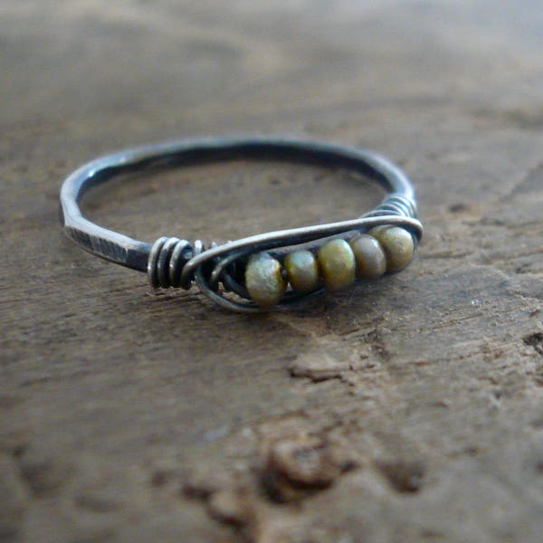 Nestle Ring in Moss - Sterling Silver Stacking Ring. Wire Wrapped Seed Pearls. Handmade. Hand forged.