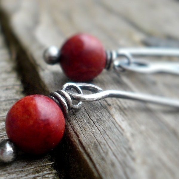 Minimalist in Cherry - Handmade Earrings. Red Coral, Oxidized Sterling Silver Dangle Earrings