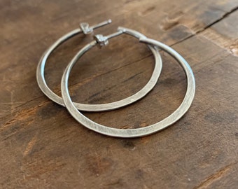 Thick Gauge Every Day Hoops with Post - Choice of 7 sizes/ 4 finishes. Handmade. Hammered. Oxidized Sterling Silver Light Weight Hoops