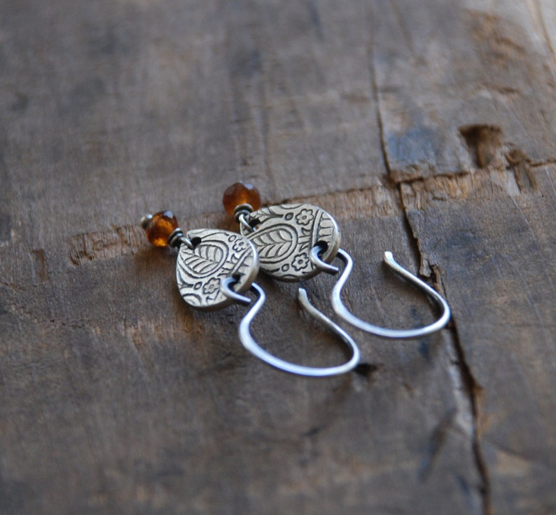 Mehndi Spice Earrings Oxidized fine silver. Spessartite Garnet. Dangle earrings.Handmade image 1
