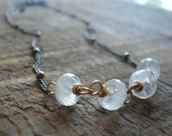 Miscible Necklace - Moonstone. Oxidized sterling silver and 14kt Goldfill. Mixed Metal. Handmade