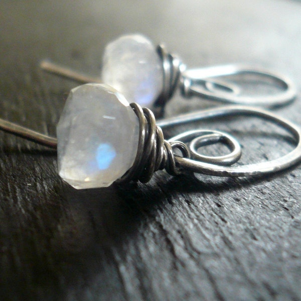Pirouette Earrings. Handmade. Moonstone. Oxidized Sterling Silver Petite Dangle Earrings