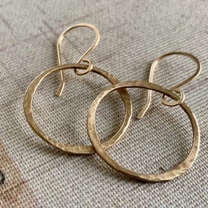 Mangly Lagom Earrings in 14kt Yellow Goldfill - Handmade Hammered Dangle Earrings. Shiny or Matte/Satin Finish. 3 sizes.