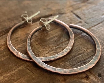 Copper Mangly Hoops with Post- Thick Gauge Copper & Sterling Silver Post Hoops. Choice of 7 sizes. Handmade Hammered. Light Weight Hoops