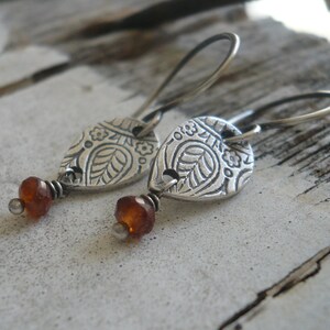 Mehndi Spice Earrings Oxidized fine silver. Spessartite Garnet. Dangle earrings.Handmade image 2