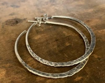 Thick Gauge Mangly Hoops with Post - Choice of 7 sizes/ 4 finishes. Handmade. Hammered. Oxidized Sterling Silver Light Weight Hoops