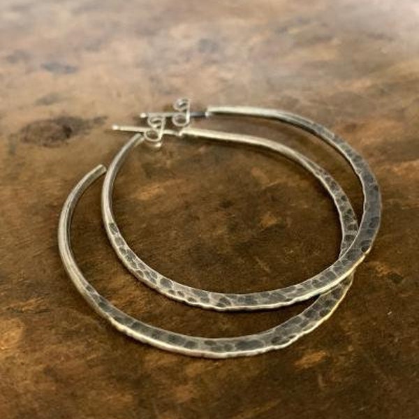 Thick Gauge Mangly Hoops with Post - Choice of 7 sizes/ 4 finishes. Handmade. Hammered. Oxidized Sterling Silver Light Weight Hoops