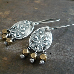 Soleil Collection Drops Earrings Oxidized fine silver. Brass. Mixed Metal. Handmade image 1