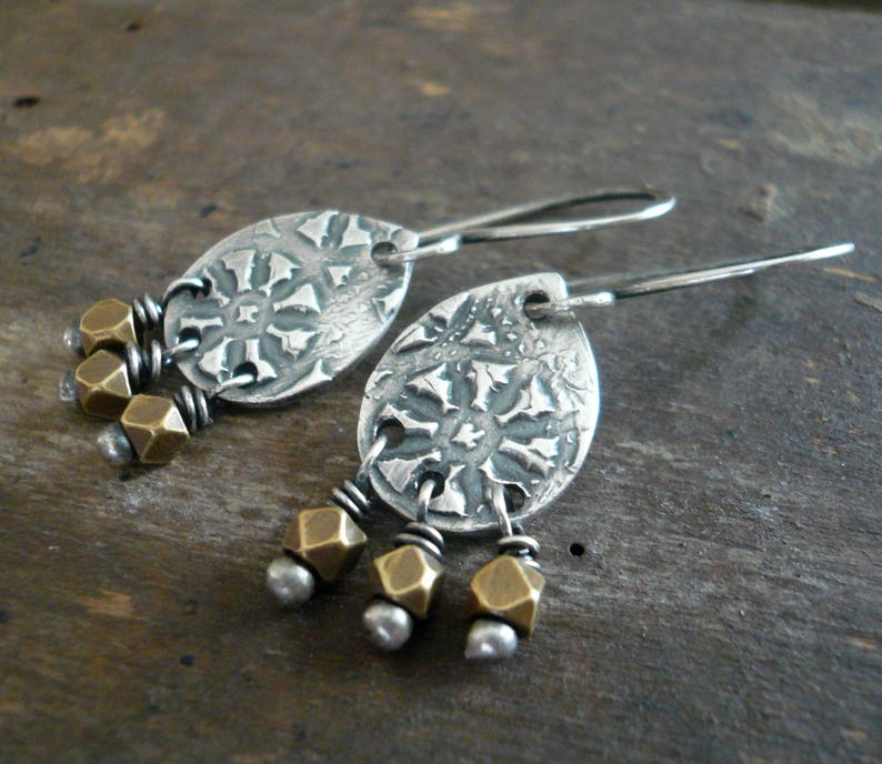 Soleil Collection Drops Earrings Oxidized fine silver. Brass. Mixed Metal. Handmade image 1
