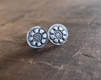 Victorian Stud Earrings Style 3 - Oxidized Sterling and Fine Silver Post Earrings. Handmade.