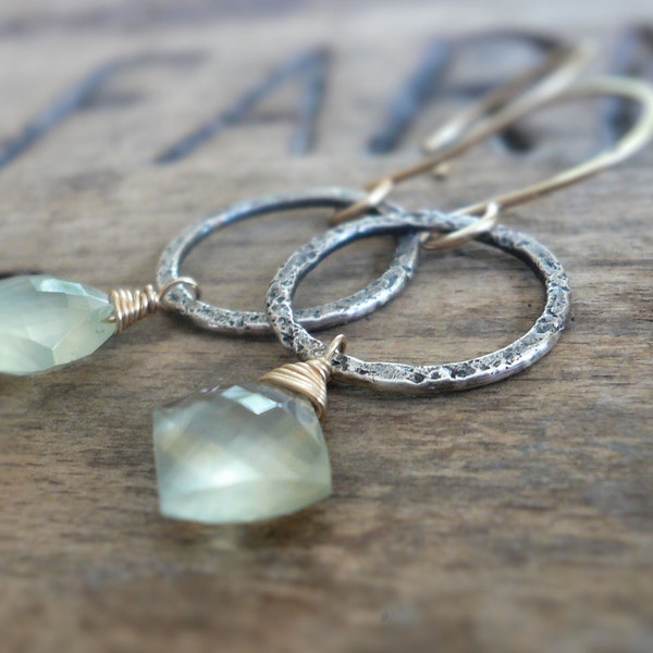 Dichotomy Earrings. Handmade. Prehnite. Textured and oxidized Sterling Silver. 14kt Goldfill