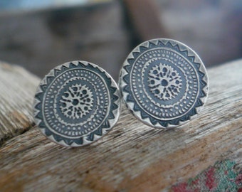 Medallion Style 2 Stud Earrings- Oxidized Sterling and Fine Silver Post Earrings. Handmade.