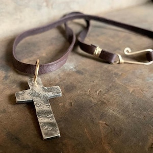 Faith Collection Necklace- Oxidized fine silver rustic cross. 14kt Goldfill. Leather. Mixed Metal. Handmade