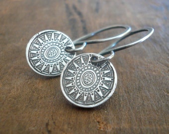 Medallion Earrings Small Style I - Handmade. Oxidized fine and sterling silver