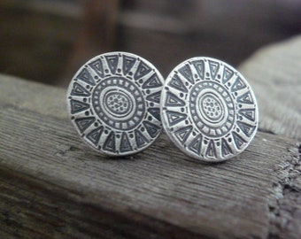 Medallion Style 1 Stud Earrings- Oxidized Sterling and Fine Silver Post Earrings. Handmade.