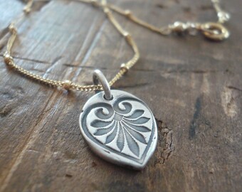 French Quarter Necklace -Leaf - Oxidized fine silver and 14kt Goldfill or sterling silver chain. Handmade