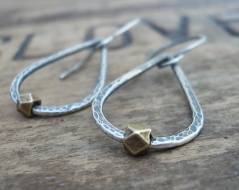 Large Cosset Earrings - Handmade. Brass. Oxidized, Hammered Sterling Silver