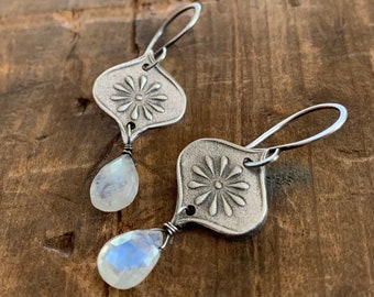 Ponder Earrings - Oxidized fine and sterling silver. Moonstone. Handmade dangle earrings