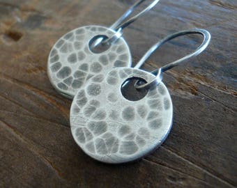 Essential Earrings Large Round - Handmade. Brushed/Oxidized fine and sterling silver hammered dangle earrings