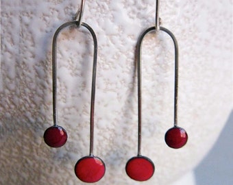 Enamel Double Dipper Arch Dangle Earrings, Cherry Red and Burgundy Red Kiln Fired Glass Enamel and Sterling Silver Earrings