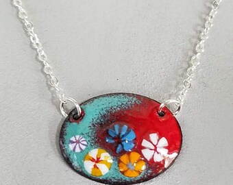 Small Oval Glass Enamel Pendant with Millefiori Flowers with 18 Inch Sterling Silver Chain