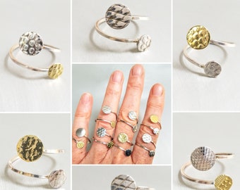 Orbit Mixed Metal Adjustable Size Wrap-Around Rings, Fits US Sizes 6-9, Textured Sterling Silver and Brass Mixed Metal Multi-Size Rings