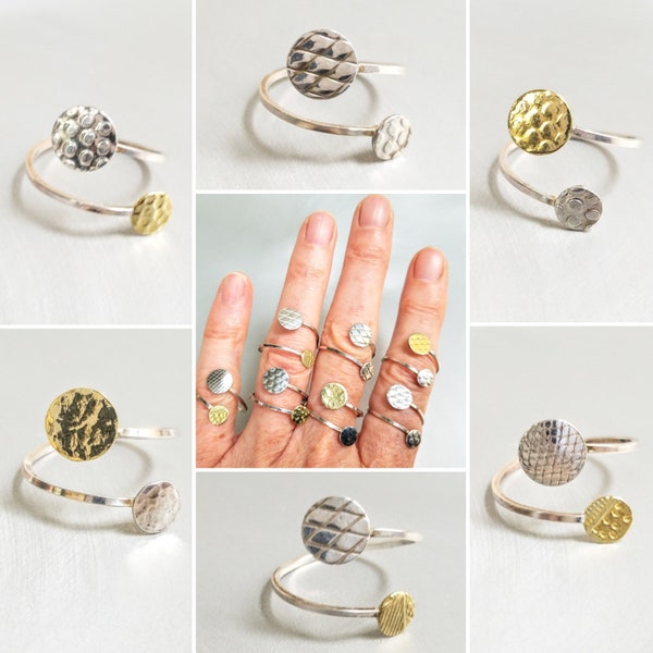 Orbit Mixed Metal Adjustable Size Wrap-Around Rings, Fits US Sizes 6-9, Textured Sterling Silver and Brass Mixed Metal Multi-Size Rings