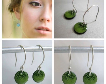 Small Circle Enamel Earrings, Evergreen & Lime Green Ombre Kiln Fired Glass Enamel, Sterling Silver Hooks, Small Dangle Earrings