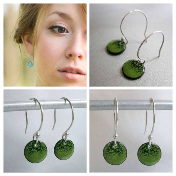 Small Circle Enamel Earrings, Evergreen & Lime Green Ombre Kiln Fired Glass Enamel, Sterling Silver Hooks, Small Dangle Earrings