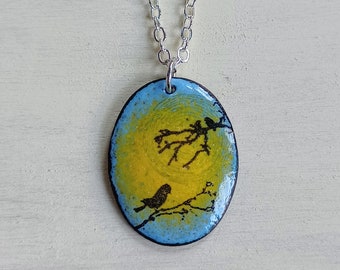 Enamel Oval Pendant, Small Blue and Yellow Pendant with Birds on Tree Branch Silhouettes and 18 Inch Sterling Silver Chain, Spring Jewelry