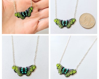 Butterfly Pendant Necklace: Green and Black Glass Enamel with 18 Inch Sterling Silver Cable Link Chain