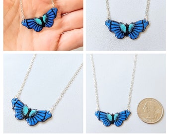 Butterfly Pendant Necklace: Blue Glass Enamel with 18 Inch Sterling Silver Cable Link Chain