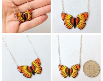 Butterfly Pendant Necklace: Orange, Yellow and Black Glass Enamel with 18 Inch Sterling Silver Cable Link Chain