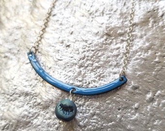 Peacock Blue Enamel Arc Necklace with Druzy Bead Charm, 18 Inch Sterling Chain
