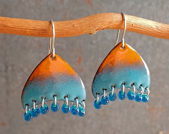 Triangle Dangle Enamel Earrings with Glass Bead Fringe, Orange and Robin's Egg Blue Ombre Earrings with Sterling Silver Ear Wires