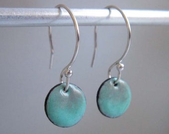 Small Circle Enamel Earrings, Slate Gray and Robin's Egg Blue Ombre Kiln Fired Glass Enamel, Sterling Silver Hooks