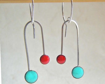 Double Dipper Enamel Arch Earrings: Robin's Egg Blue and Cherry Red, Kiln Fired Glass Enamel and Sterling Silver